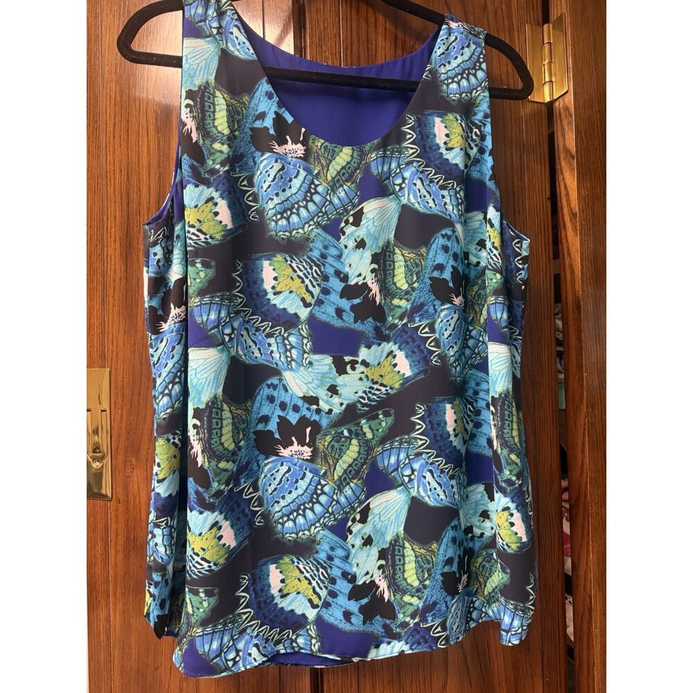 Chicos Womens Reversible Tank Size 2 12-14 Blue Butterfly Print